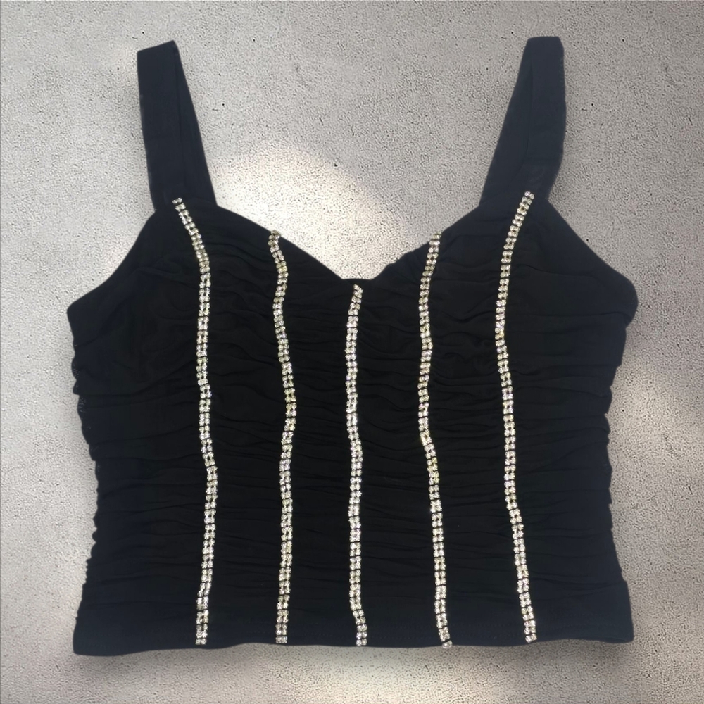 Beivy‎ Ruched Rhinestone Cropped Tank Top Size Medium - Picture 3 of 11
